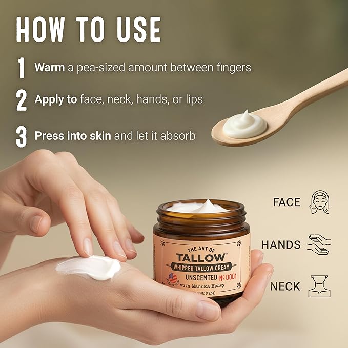 Tallow Face Moisturizer – Unscented Beef Tallow for Skin, Whipped Tallow Cream with Manuka Honey & Organic Jojoba Oil, Face Cream, Grass Fed & Finished, Made in USA, 1.5 oz