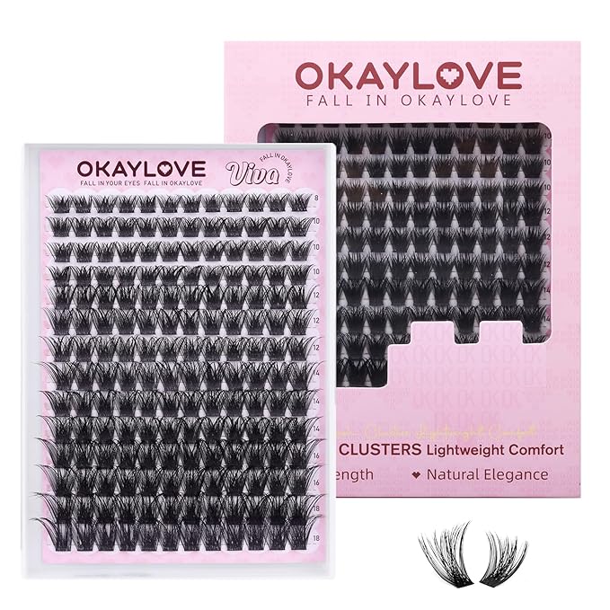 OKAYLOVE Fluffy Lash Clusters, VIVA 8-18mm Wispy Eyelash Clusters, 168pcs Volume Cluster Eyelashes Extensions Black Band Individual Eye Lash Clusters