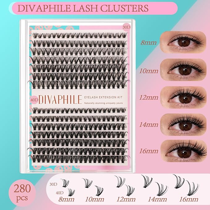 DIY Lash Extension Kit, 280PCS Lash Clusters Kit with Bond, Seal, Remover & Tweezers, 8–16mm Natural Wispy Individual Lashes, Easy At-Home Eyelash Extensions for Beginners, Perfect Mom Gifts