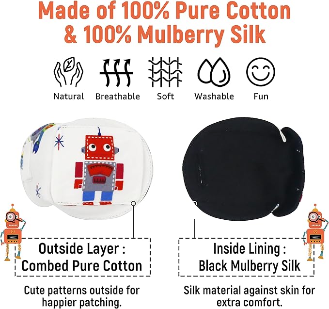Astropic 3D Cotton & Silk Eye Patch for Kids | Boys Eye Patch for Glasses | Medical Eyepatch for Children with Lazy Eye (Red Robot, Right Eye)