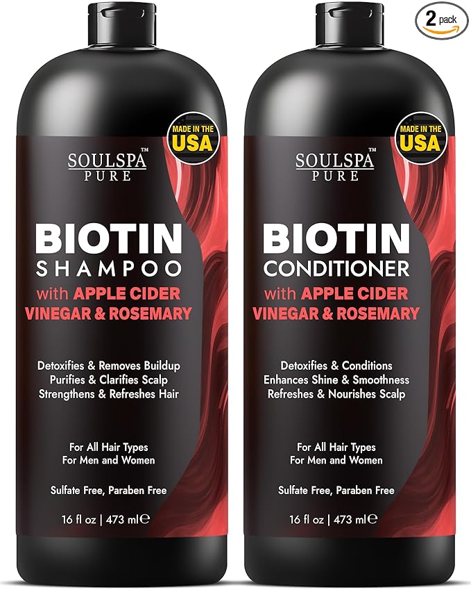 SOULSPA PURE Apple Cider Vinegar Biotin Shampoo and Conditioner Set - ACV Clarifying Scalp Care with Rosemary Oil & Keratin - Sulfate Free for Oily, Thinning Hair - Made in USA - 16 fl oz Each