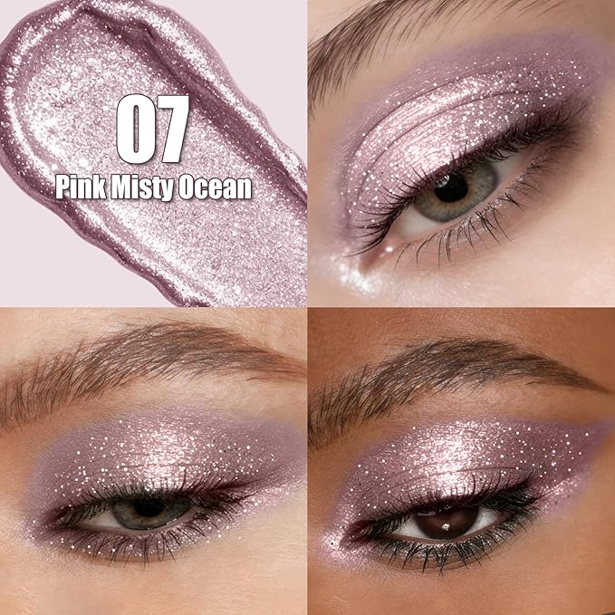 QIC Liquid Glitter Eyeshadow, Metallic & Shimmer Finish, Long Lasting, Non-Creasing, Smudge-proof, Lightweight Formula Liquid Eyeshadow for All Skin Tones, Buildable Color (07 Pink Crystal)