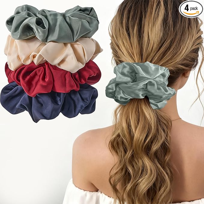 Lolalet Big Satin Scrunchies for Women, 5.9 Inch Large Oversized Scrunchie, Soft Jumbo/Giant Scrunchies Hair Ties for Thick & Curly Hair -4 Pack, Cream/Green/Navy Blue/Red