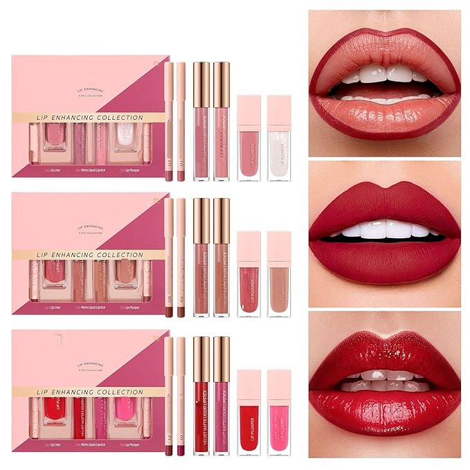 Lip Collection Set 6PCS Matte Lipliner Lipstick and Lip Plumber Kit Long Lasting High Pigmented Velvety Lip Makeup (Set 02)
