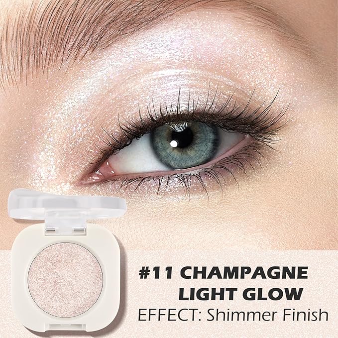 Champagne Light Glow Eyeshadow with Brush, Single Glitter Mini Eye shadow Palette, Silky Fine Subtle Shimmer for Old Women, Lightweight & Ultra-Blendable Formula for Daily Eye Glitter Makeup (#11)