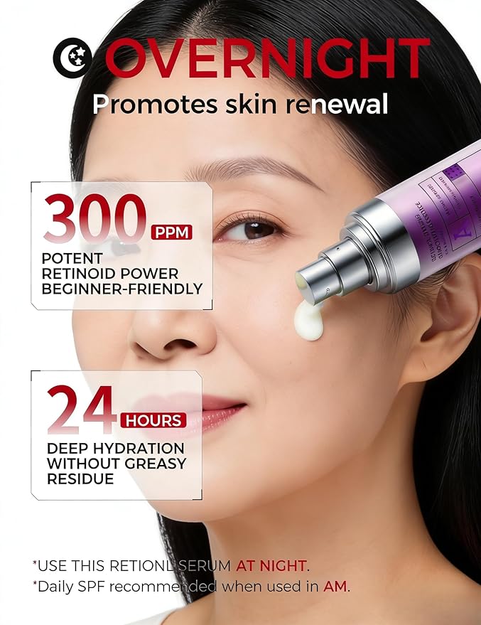 NING DERMOLOGIE Retinol Serum for Face: 300PPM Gentle for Sensitive Skin Beginners - Anti Aging & Wrinkle Peptides Serum I Collagen Booster for Night Firming & Hydrating Korean Skincare, 1.01 fl.oz
