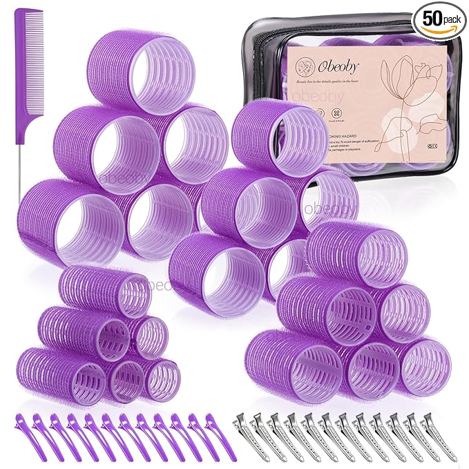 obeoby 4 Sizes Rollers Hair Curlers, 50 Pcs Set Jumbo Hair Rollers 25mm 36mm 48mm 60mm Self-Grip Hair Rollers with Clips, Curlers for Women Long, Short Hair and Bangs (Purple)