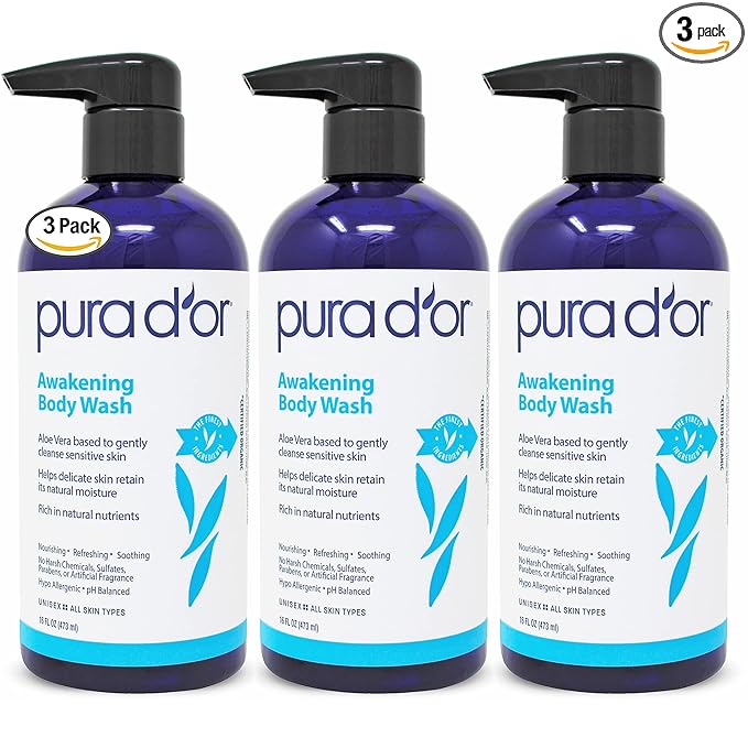 PURA D'OR Awakening Body Wash (16oz x3 = 48oz) Aloe Vera, Chamomile, Lavender, Tea Tree for Invigorating Earthy Scent, pH Balanced for Moisturized Soft, Fresh-Feeling Skin, All Skin Types, Men & Women