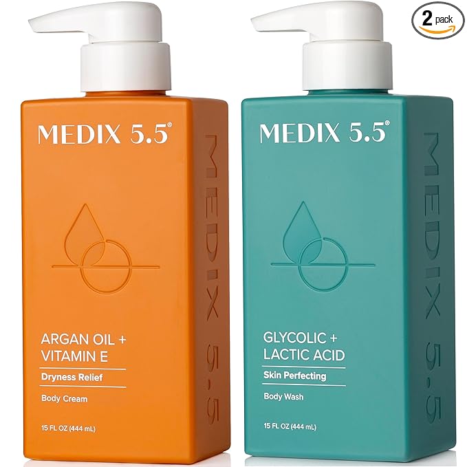 Medix 5.5 Glycolic Acid Exfoliating Face & Body Wash Cleanser + Argan Oil Moisturizing Body Cream Lotion 2PC Skin Care Set | Alpha Hydroxy Acid & Lactic Acid Foaming Face Wash, 2PC Set