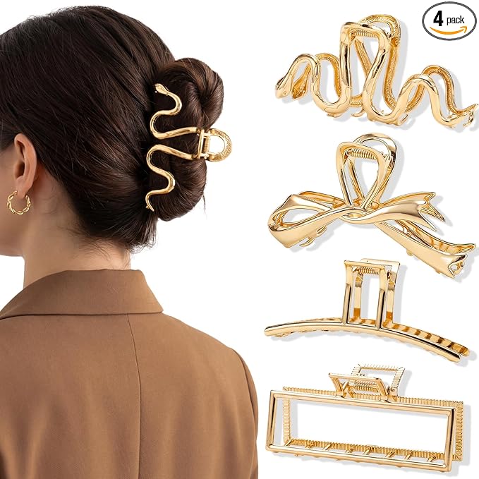 Obeoby Large Metal Hair Claw Clips for Women, 4 Pcs 4 Inch Gold Hair Clips for Thick Hair - Strong Hold Cute Fashion Barrettes Hair Accessories Holiday Birthday Gifts