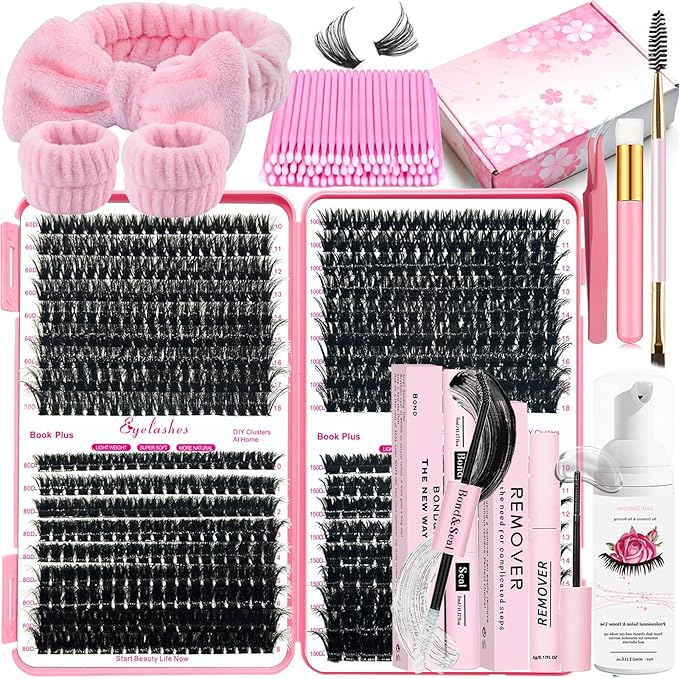 DNSGOOR DIY Lash Extension Kit 630Pcs 10-18mm D Curl Lashes Clusters with Lash Bond and Seal Glue Remover Lash Shampoo Cleansing Brush Headband Wristband Tweezers Eyelash Brush Applicator