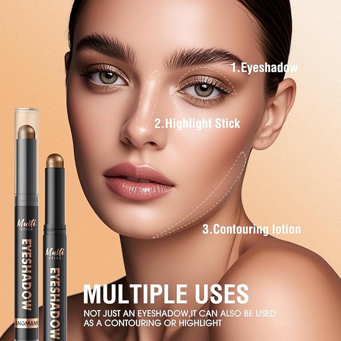 LANGMANNI 4Colors Dual-Ended Cream Eyeshadow Stick Set – Silky Smooth, Waterproof & Transfer-Proof, Built-in Blender Brush, All-Day Matte & Shimmer Wear Eye Makeup(#4+8+11+12)