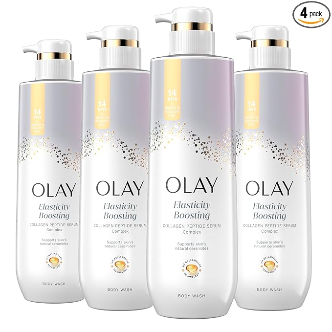 Olay Body Wash for Women, Elasticity Boosting, Collagen Peptide Serum Complex, Renews Moisture, Free of Parabens & Phthalates, Vitamin B3 Lameller Technology, For All Skin Types, 20 fl oz (Pack of 4)