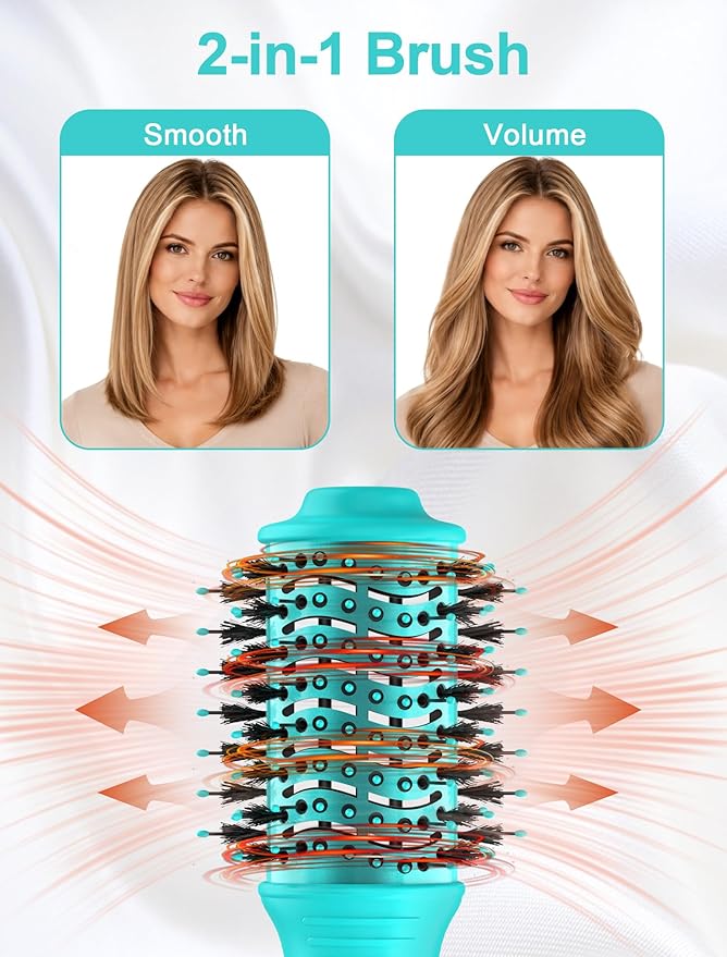 Mini Travel Blow Dryer Brush for Short to Medium Hair, 2 Inch Oval Hot Air Brush with Ceramic Coating, 3 Heat Settings for Smooth, Voluminous Blowouts, 120V(Cyan)
