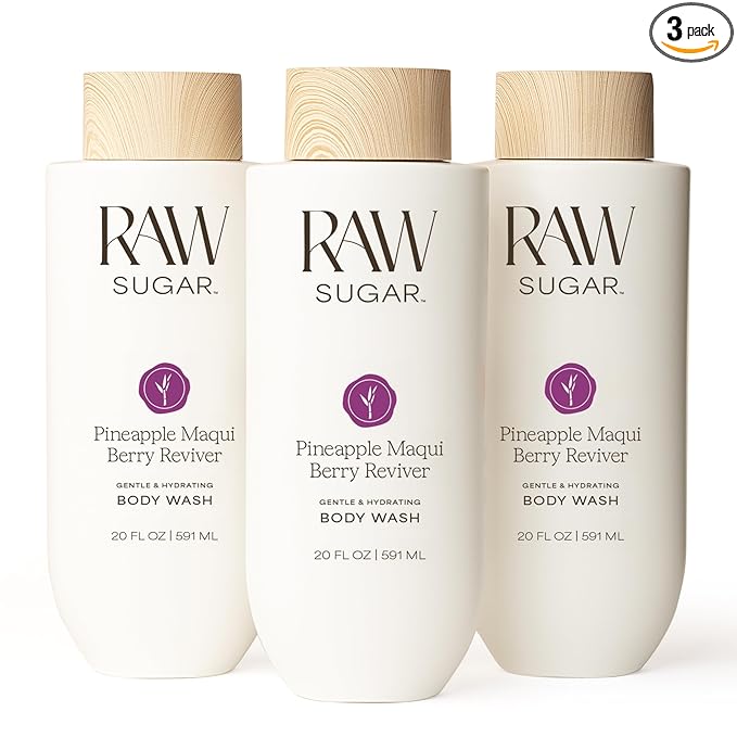 RAW SUGAR Pineapple Maqui Berry Reviver Gentle & Hydrating Body Wash, 20 Fl Oz (Pack of 3), Moisturizing & Smoothing Bath & Shower Gel, Vegan, Formulated without SLS/SLES & Parabens
