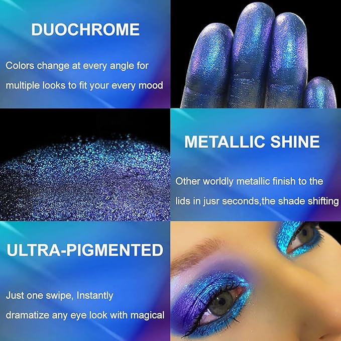 Chameleon Eyeshadow Collection, 14 Shades, Glitter Pressed Powder, Iridescent Shimmer Colors. (Blue Aurora)