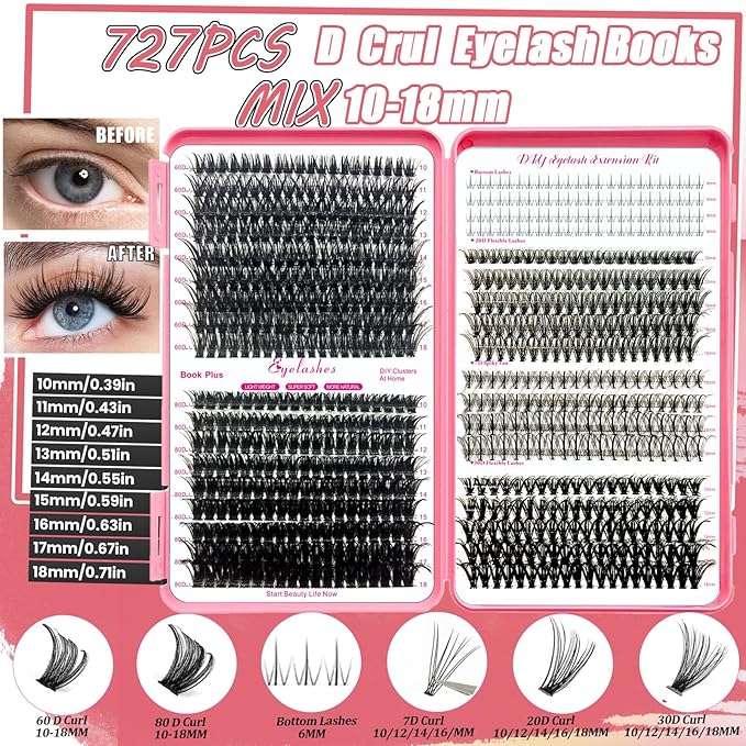 DNSGOOR DIY Lash Extension Kit 727Pcs Lashes Clusters with Bottom Lashes Lash Bond and Seal Glue Remover Lash Shampoo Cleansing Brush Headband Wristband Tweezers Eyelash Brush Applicator