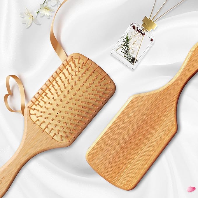 Bamboo Hair Brush with Natural Bamboo Bristles - Detangling Paddle Hairbrush for Women, Men & Kids - Wooden Brush for All Hair Types & Hair Growth