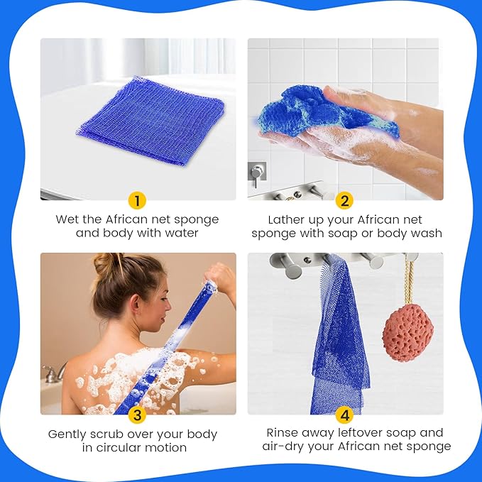 ZOCY African Net Sponge, Authentic Exfoliating Body Scrubber for Bath and Shower, Multiple Textures with Gentle Deep Exfoliating and Rich Lather for All Skins (Blue)