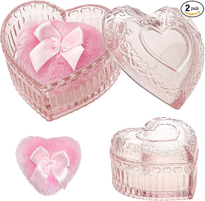 2 Pieces Large Body Powder Puff and Container, Dusting Powder Container with Puff,Powder Puff Crystal Case, Body Powder for Women Soft Washable Reusable Velour Face Body Glitter Wet Dry Makeup(Love)