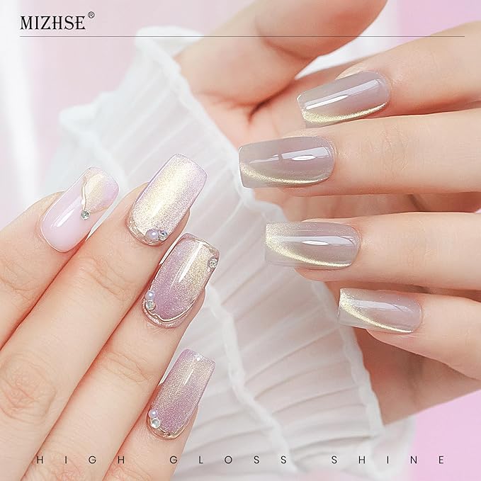 MIZHSE Cat Eye Gel Nail Polish, 8 Colors Glass Magnetic Gel Polish Set with Magnet Stick, Crystal Jelly Pink Purple Colors with Gradual Gold Cat Eye Effect Nail Gel Soak Off Nail Art Valentine's Gift