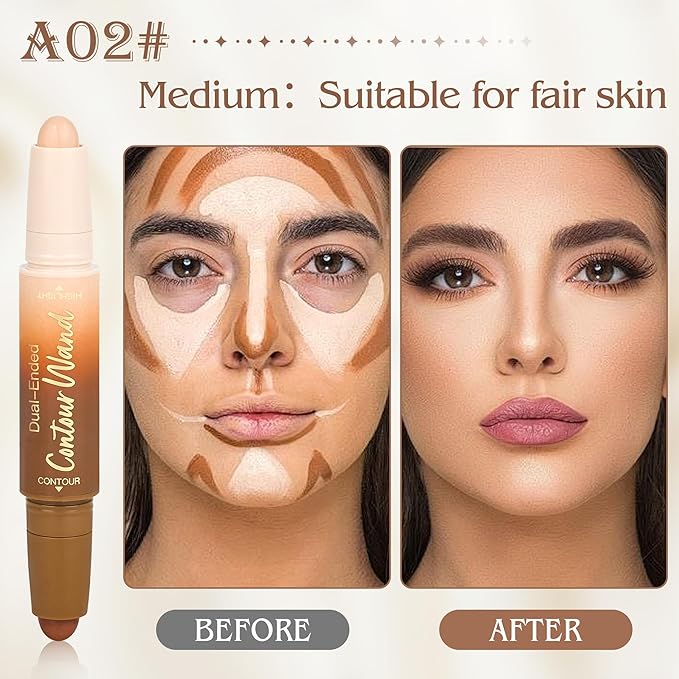 2Pcs Contour Highlighter Stick Set，2-in-1 Dual-Ended Cream Bronzer & Highlighter Sticks Pen for Face Body Contouring Makeup- Buildable，Waterproof, Easy to Apply Suitable for Beginners(01+02)