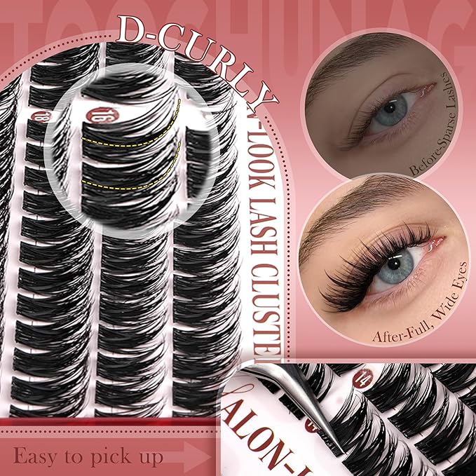 TOOCHUNAG Lash Clusters Kit 192pcs Anime Lashes Extension Kit Manga Cluster Eyelash Extensions 12-18mm D Volume Eyelash Clusters Fluffy Cluster Lashes Kit with Waterproof Bond and Seal and Tweezers