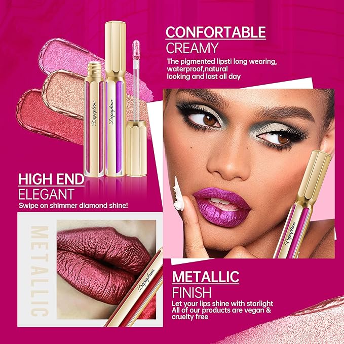 Depuplum Hot Pink Lipsticks for Women Metallic Lipstick Long Lasting Shimmer Lip Gloss Metal Shine Glitter Waterproof Lipsticks Full Coverage Lip Color for Mother's Day,DP112 Show Girl
