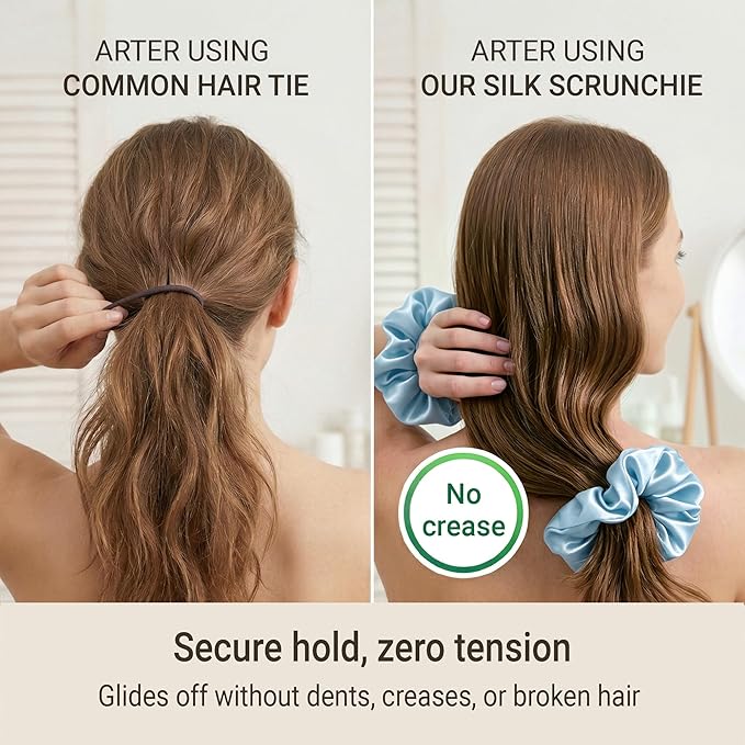 ZLYC 100% Mulberry Silk Hair Tie Scrunchie 19 Momme Gentle Creaseless Dent-Free Ponytail Holder for Women, 6cm Solid Dusty Blue