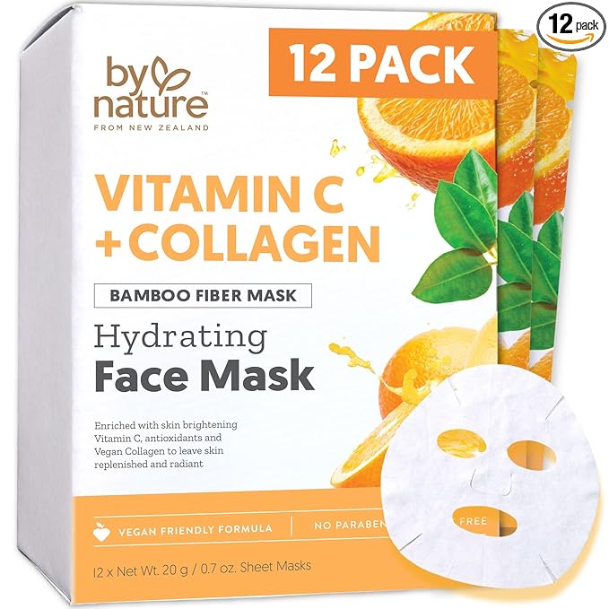By Nature Vitamin C + Collagen Sheet Face Mask with Vitamin E – Firming, Anti-Aging Facial Treatment for Radiance, Elasticity & Hydration – Skincare for Pre-Event Glow & All Skin Types – Pack of 12