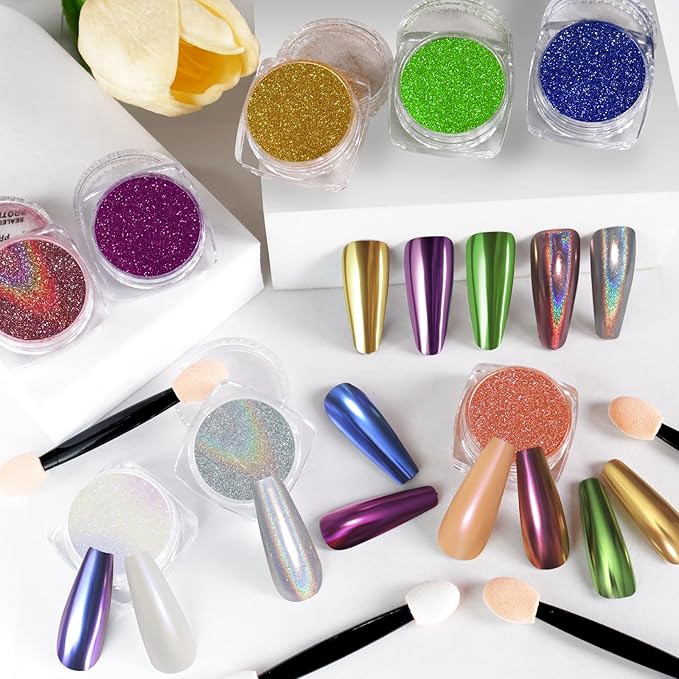 16 Jars Chrome Nail Powder Nail Art Glitter Decoration Metallic Mirror Effect Holographic Aurora Chameleon Pigment Powder Kit 0.35g/Jar Pearl for Resin Craft & Nail Art