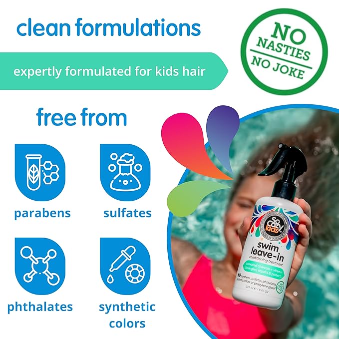 SoCozy Swim Leave In Conditioner Spray & Treatment for Kids Hair (8 Fl Oz) Protects & Repairs Pool, Sun & Salt Damaged Hair, Gentle Formula with Activated Charcoal, Vitamin B5 & Sunflower Seed Extract