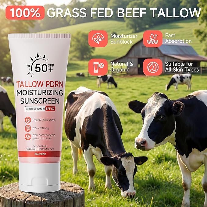 Beef Tallow Sunscreen with Non-Nano Zinc Oxide, Mineral Sunscreen SPF 50 for Face and Body, Salmon PDRN Sunblock Moisturizing Sun Screen for Sensitive Skin & Kids, 2.82 OZ (80g)