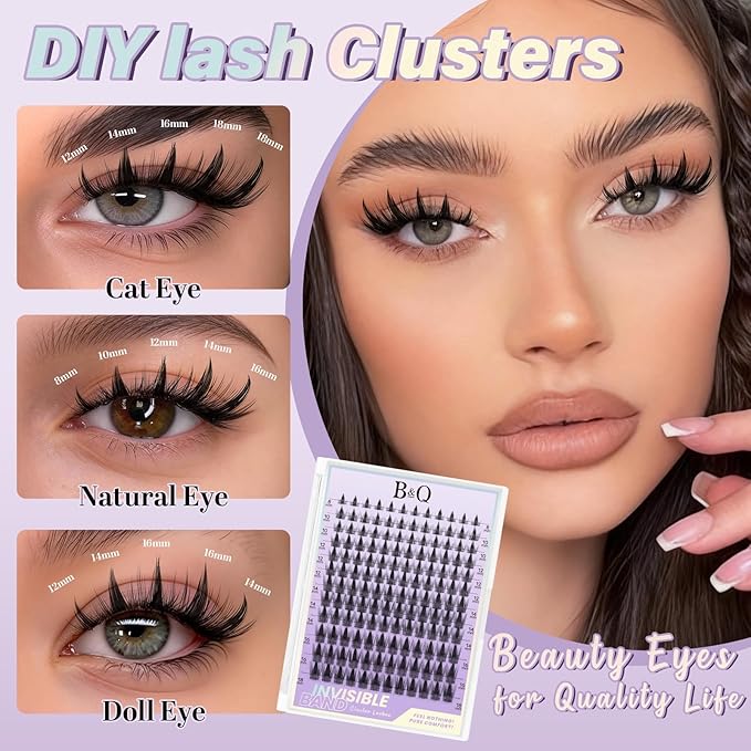 B&Q Fairy Max Lash Clusters Kit Natural Wispy Invisible Band Manga Individual Lashes Bond and Seal Eyelash Extension Kit Easy Removal (Kit-Fairy Max-8-18mm)
