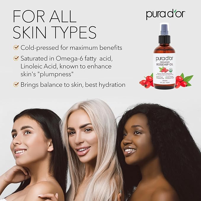 PURA D'OR 4 Oz ORGANIC Rosehip Seed Oil 100% Pure Cold Pressed USDA Certified Anti-Aging Youthful Look-Vitamin A & C Rich-Helps Fade Appearance of Scars & Stretch Marks - For Face, Hair & Body