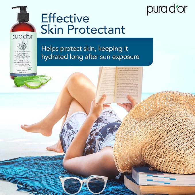 PURA D'OR ORGANIC Aloe Vera Gel Lavender (16 Oz X 2) All Natural - ZERO Artificial Preservatives - Deeply Hydrating & Moisturizing - Sunburn, Bug Bites, Rashes, Small Cuts, Eczema Relief - Skin & Hair