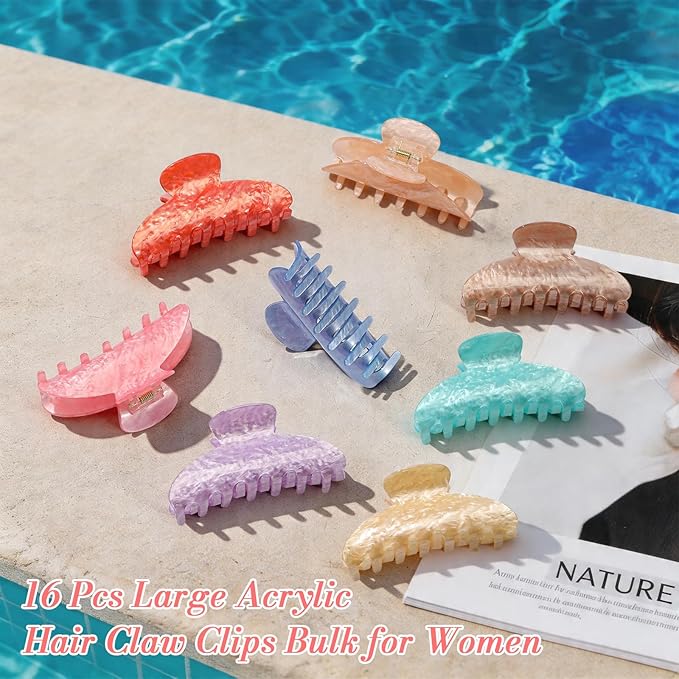 16 Pack Hair Claw Clips for Women - Large Non-Slip Acrylic Hair Claws for Thick Thin Hair, Cute Hair Barrettes Elegant & Durable, Fashion Hair Accessories Stylish Jaw Clips for Girls DIY Gift