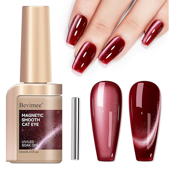 Red Cat Eye Gel Nail Polish, Burgundy Red Glitter Magnetic Gel Polish Moonlight, Cateye Gel Polish With Magnet Wine Red Holographic Shimmer UV Velvet Manicure Salon DIY Home, 12ML