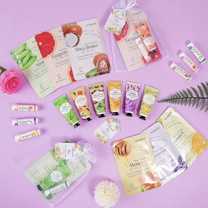 KONEUK 60 Pack Bulk Lip Balm, Facial Mask and Hand Cream Sets, Mothers Day Gifts and Bridesmaid Gifts for Guests, Birthday Gifts, Teacher Appreciation Gifts, Nurse Gifts and Bulk Small Gifts