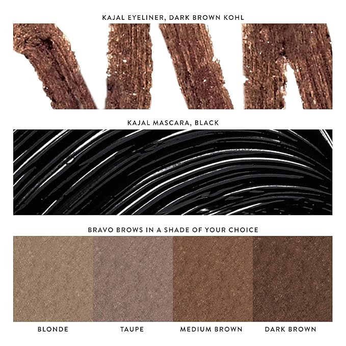 LAURA GELLER Laura’s 3 E’s Eyeliner, Eyelash & Eyebrow Kit for Mature Skin | Taupe | Kajal Longwear Eyeliner, Kajal Longwear Mascara & Bravo Brows Soft Pencil + Brush