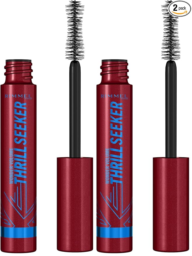 Rimmel London Wonder'Volume Thrill Seeker, 003 Black, Waterproof Mascara, Volumizing Mascara, Smudge-Proof, Clump-Proof, Flake-Proof, 24-Hour Wear, 0.28oz (Pack of 2)