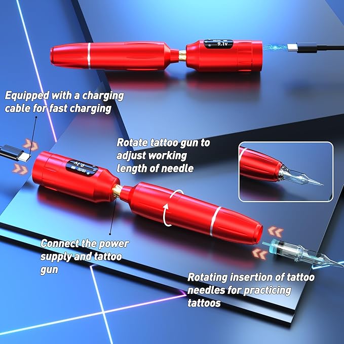 Eyebrow Microblading Tattoo Gun Kit - Professional Tattoo Pen & Brow Pencil Set for Microblading Supply, Semi-Permanent Makeup Tattoo Machine with 50Pcs Needles for Artists Starter (Red, TP39)
