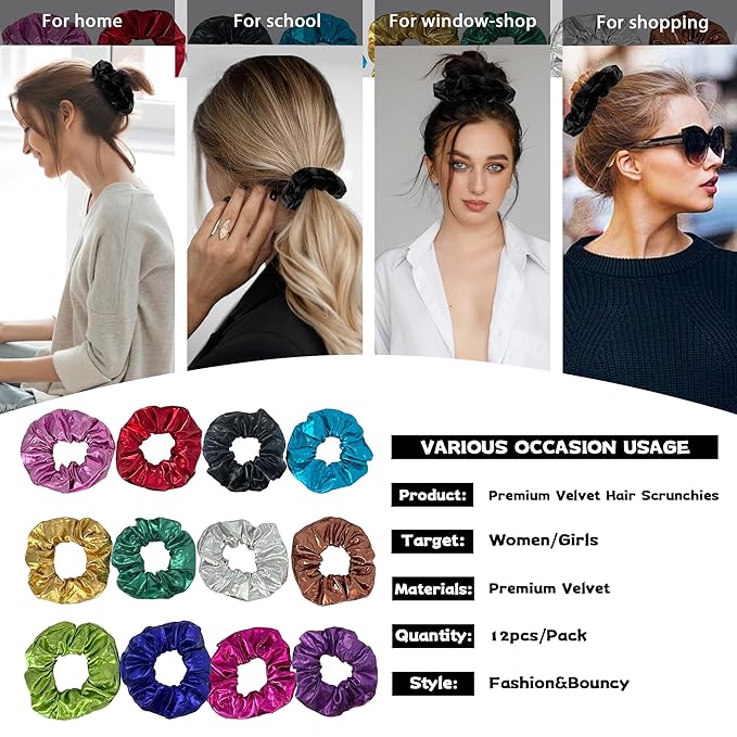 12 Pcs Scrunchies for Women, Shiny Metallic Satin Hair Bands, Bulk Elastic Hair Scrunchie for Thick Hair, Colorful Hair Accessories for Ponytail Holder(Classic Metallic)