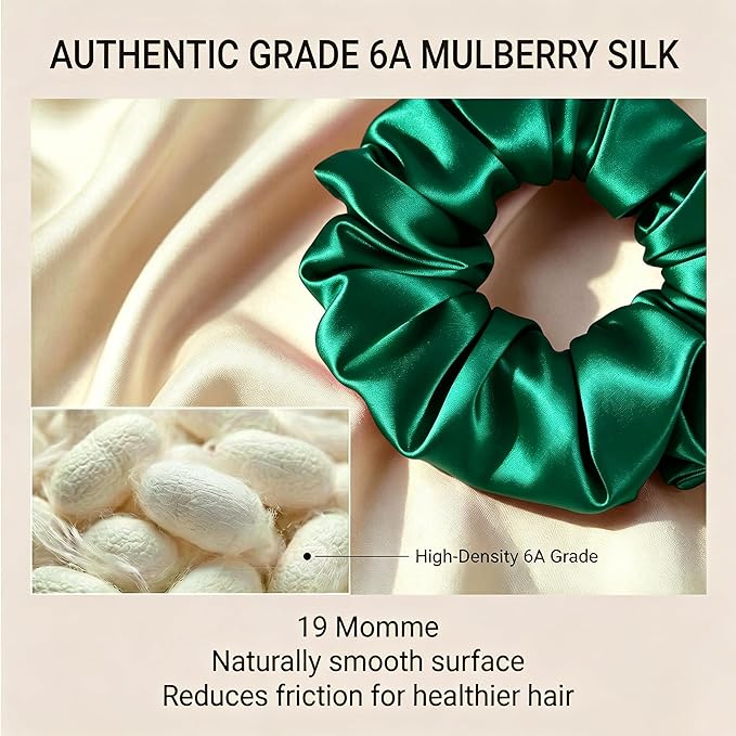 ZLYC 100% Mulberry Silk Scrunchie 19 Momme Gentle Creaseless Hair Tie for Women Dent-Free Ponytail Holder, 3.5cm Solid Dark Green