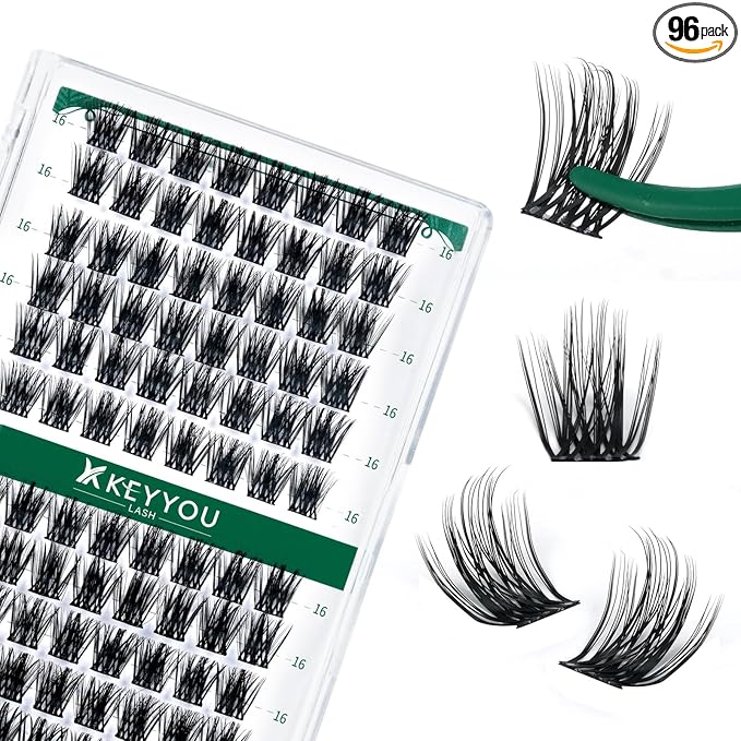 Lash Clusters 96pcs Individual Lashes Y08 D Curl 16mm Cluster Lashes KEYYOU Volume Wispy Lash Extension Soft&Comfortable Easy DIY at Home(Y08 D-16mm)