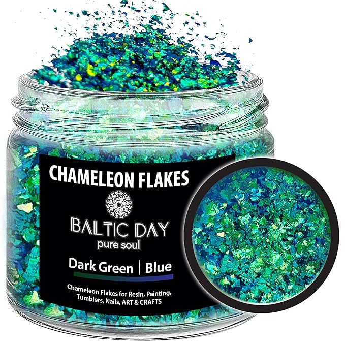 Chameleon Flakes for Resin [ Dark Green | Blue ] - Color Shift Mica Pigment Powder for Epoxy Resin - Chrome Flakes for Tumblers, Molds, Nail Art, Eyeshadow, Makeup