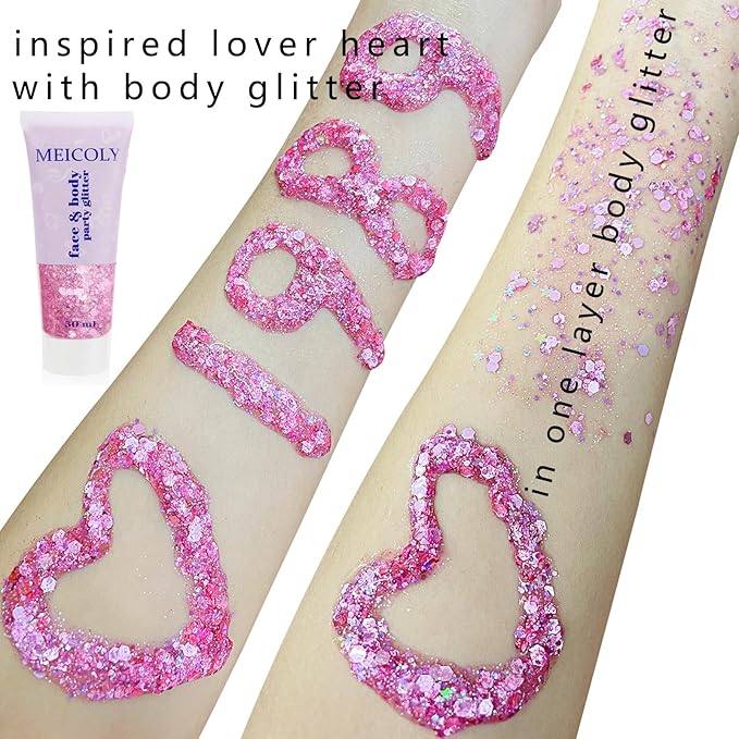 MEICOLY Valentine Pink Face Body Glitter,Holographic Sparkly Hair Glitter,Pink Accessories for Spirit Week,Singer Concerts Lover Heart Halloween Glitter Makeup,Self-adhesive Mermaid Glitter Face Paint