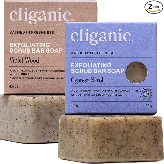 Cliganic Exfoliating Bar Soap – Body Scrub Soap with 98% Natural Ingredients Cleanses, Smooths & Revitalizes Skin, Moisturizing Soap Bar- Cypress Neroli & Violet Wood Scents (2 Pack)