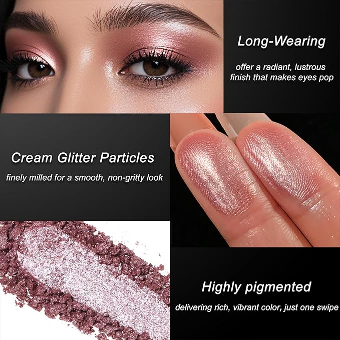 Single Shimmer Cream Eyeshadow, Rose Metallic Highly Pigmented Monochrome Eye shadow Palette, Blendable Sparkly Eye Glitter Waterproof Natural Mini EyeMakeup Brightener Highlighter for 24 hours makeup