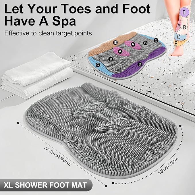 Bath Shower Foot Scrubber Mat - Silicone Shower Foot Scrubber Mat (XL) Cleaner Foot Toes Clean Pad Without Bending Non-Slip Suction Cups Bathroom mat 17.2 * 13 inch - Grey